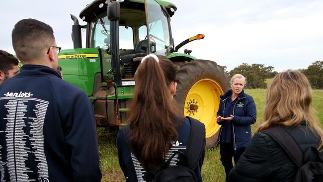 Kate Sharkey explains the role tech plays in a sustainable cropping system, during a tour for Year 12 food studies students. Picture: Andy Rogers.