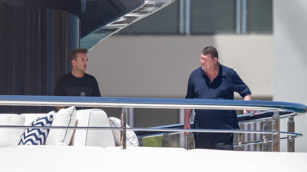 James Packer looks cheery as he boards his superyacht with friends in Cabo San Lucas in 2020. Picture: Backgrid Australia