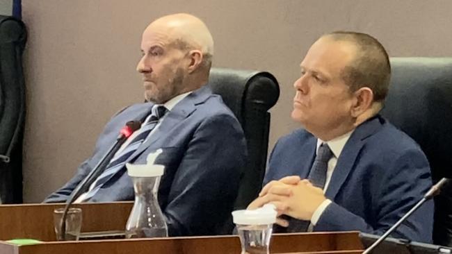 Dubbo Regional Council interim CEO Dean Frost and acting mayor Stephen Lawrence at an extraordinary council meeting held in April 2021. Picture: Ryan Young