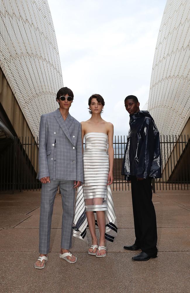 Models pose during the Mercedes-Benz Presents Dion Lee show at Mercedes-Benz Fashion Week Resort 18 Collections at the Sydney Opera House. Picture: Cole Bennetts