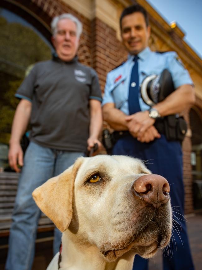 Zara the court therapy dog and her handler Davie Macdonald and Northern Beachs Police Crime Manager Inspector Michael Boutouridis. Picture: AAP Image/Julian Andrews
