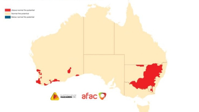 The Australian seasonal bushfire outlook for summer shows normal fire potential for South Australia. The red areas are above-average fire potential. Picture: Bushfire and Natural Hazards CRC