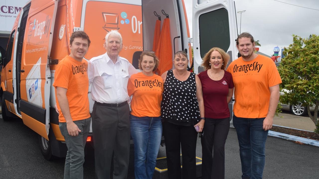 Nicholas Marchesi, Don Leckenby, Wendy Steindl, Alison Jones, Lucas Patchett launching the Orange Sky van in Mackay in 2017.