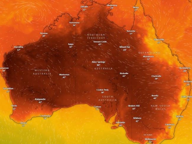 Temperatures are expected to soar across much of Australia this weekend. Picture: Windy.com