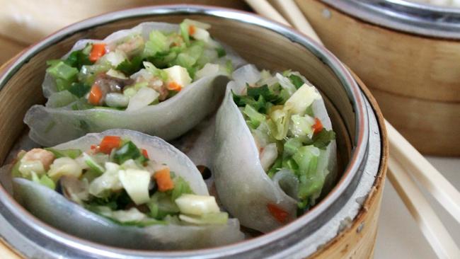 Easy House vegetarian restaurant for Bite. Assorted Yum Cha, Chinese Parsley Dumplings (centre)