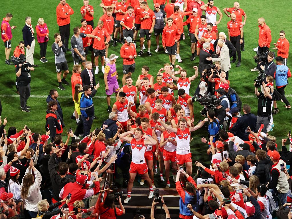 The Swans celebrate after booking their 2024 grand final spot. Picture: Mark Metcalfe/AFL Photos/Getty Images