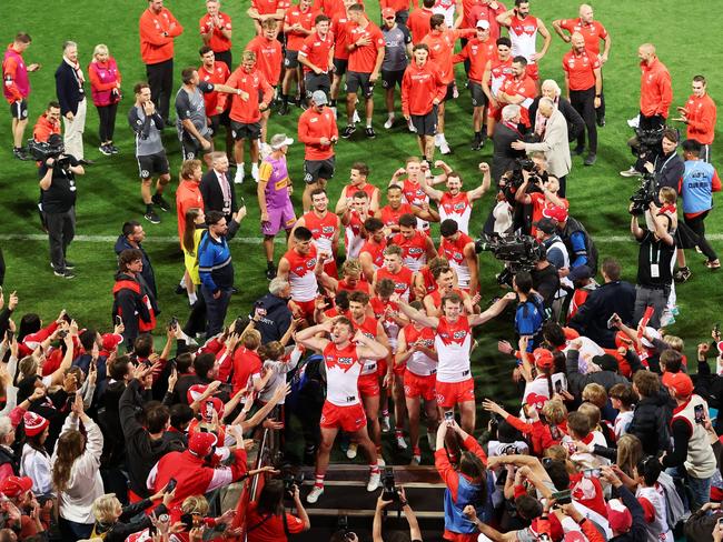 The Swans celebrate after booking their 2024 grand final spot. Picture: Mark Metcalfe/AFL Photos/Getty Images