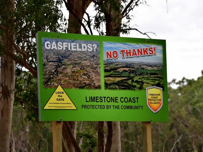 Protest signs near the Beach Energy gas field, south of Penola. Picture: Bianca De Marchi