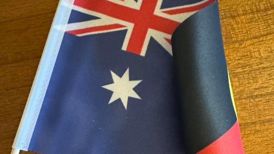 A double-sided Australian and Aboriginal Flag which was to be used for Gold Coast City Council Citizenship Ceremonies until the issue was raised by Councillor Brooke Patterson.