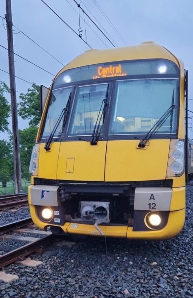 The train can be seen off the tracks after derailing at Clarendon in Sydney's west on Thursday. Picture: Supplied