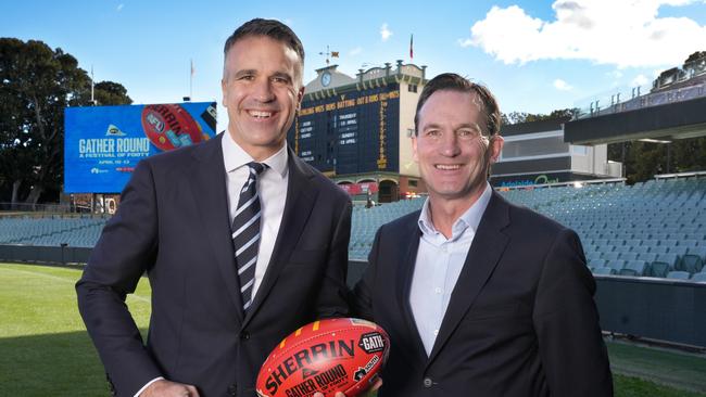 Premier Peter Malinauskas and AFL chief executive Andrew Dillon at Adelaide Oval in July, when they announced dates for the 2025 AFL Gather Round. Picture: Dean Martin