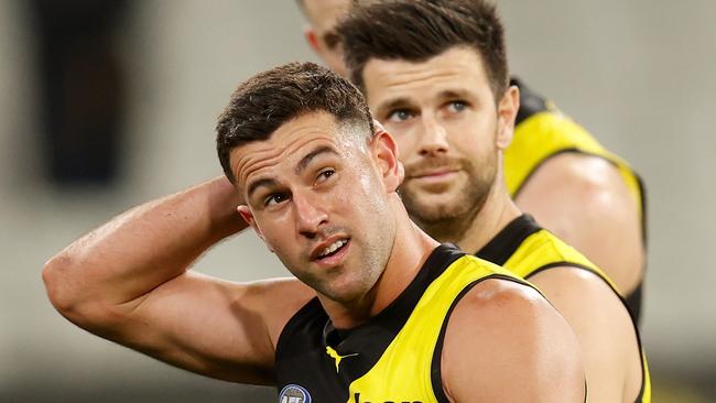 MELBOURNE, AUSTRALIA - JUNE 25: Jack Graham of the Tigers looks dejected after a loss during the 2021 AFL Round 15 match between the Richmond Tigers and the St Kilda Saints at the Melbourne Cricket Ground on June 25, 2021 in Melbourne, Australia. (Photo by Michael Willson/AFL Photos via Getty Images)