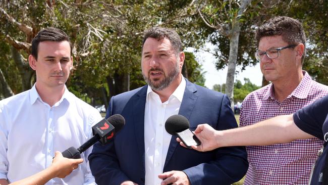 LNP MPs Shadow State Development Andrew Powell (C), Southport MP Rob Molhoek (R) and Bonney MP Sam O'Connor (L) are putting pressure on Premier to consult publicly on 11 casino sites on Gold Coast. (Photo/Steve Holland)