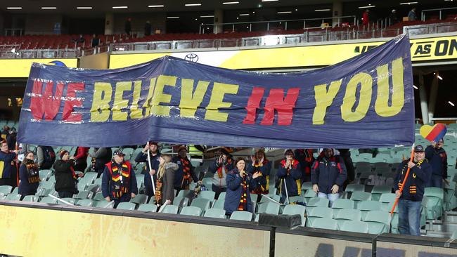 Crows fans social distancing last year. loss Picture: Sarah Reed