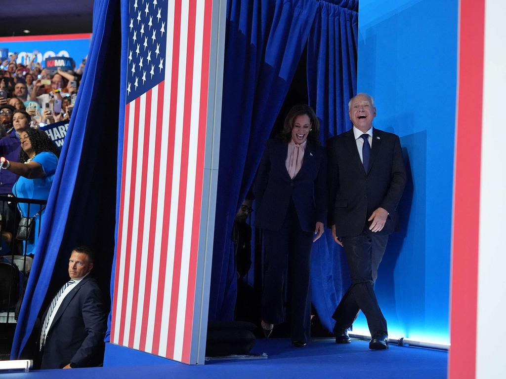 Kamala Harris and Democratic vice presidential candidate Tim Walz take to the stage together. Picture: Getty Images via AFP