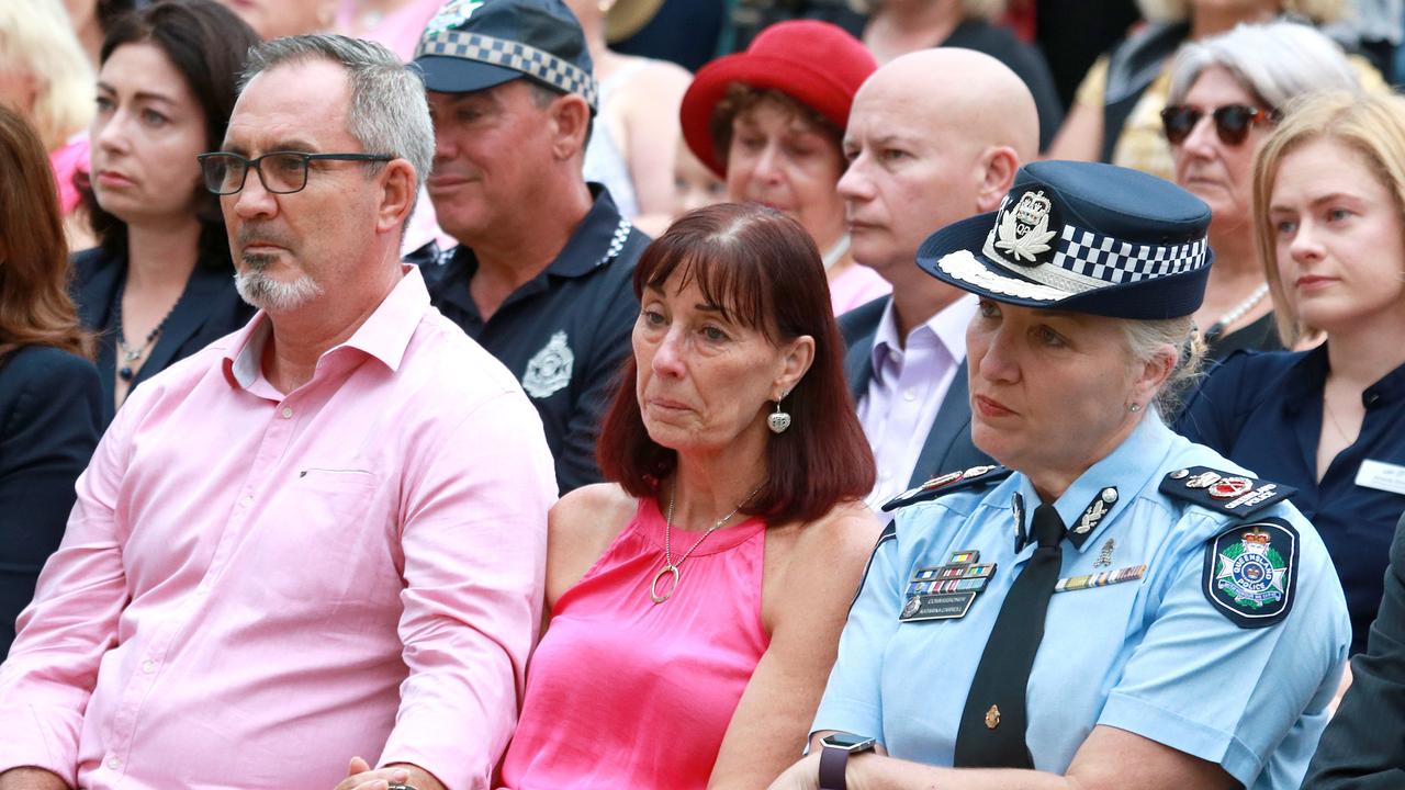 Hannah Clarke's parents Lloyd and Suzanne Clarke beside Queensland Police Commissioner Katarina Carroll during a vigil for Hannah Clarke and her three children Aaliyah, 6, Laianah, 4, and Trey, 3, at Bill Hewitt Reserve in Brisbane. Picture: AAP Image/Sarah Marshall