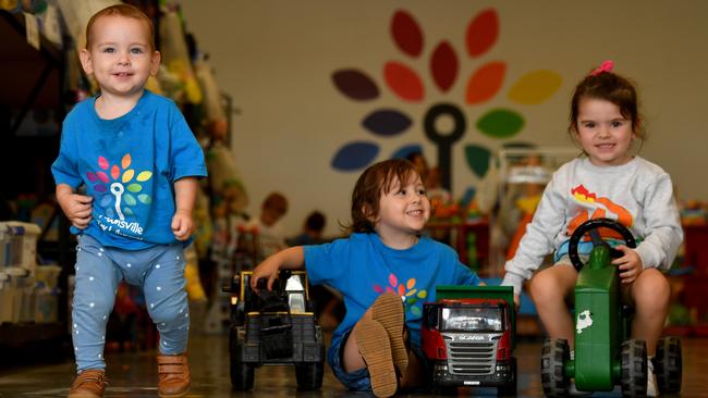 Lachlan, 1, and William Prenter, 3, and Peyton Wehrman, 3, at the Townsville Toy Library. Picture: Evan Morgan.