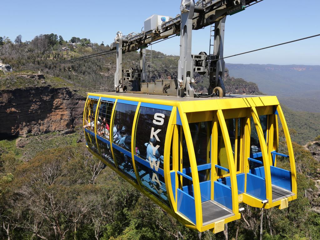 The Skyway cabin at Scenic World Katoomba passing over the Jamison Valley in the Blue Mountains. Picture: Bob Barker.