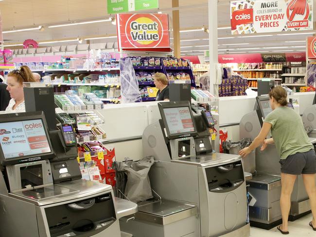 Coles is trialling the 12-item only restriction on self-scanning check-outs at a small number of stores. Picture: Mark Scott.