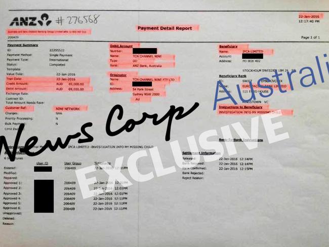 ANZ Payment Detail Report showing payment of $69,000 from TCN Channel Nine Pty Ltd to Adam Whittington for Investigation Into My Missing Child.