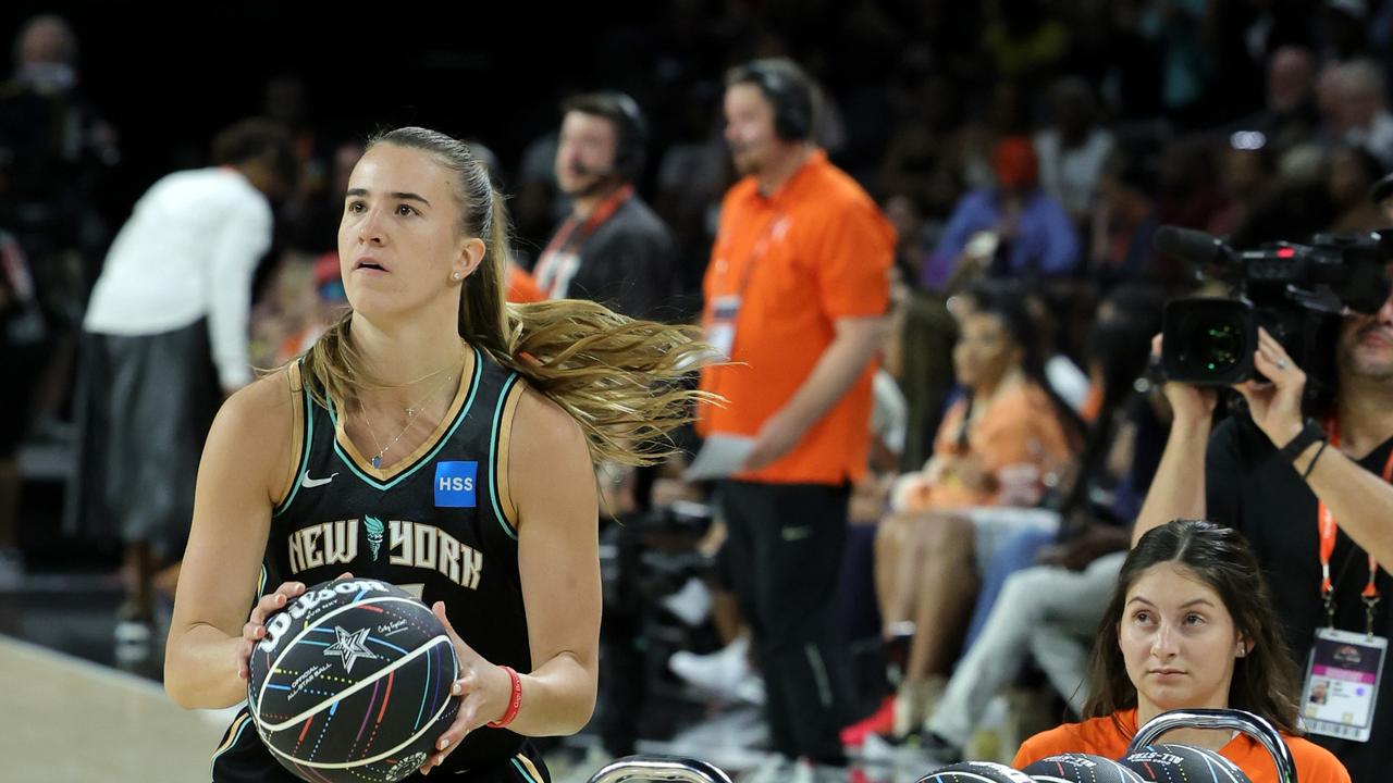 LAS VEGAS, NEVADA – JULY 14: Sabrina Ionescu #20 of the New York Liberty competes in the first round of the WNBA 3-Point Contest during WNBA All-Star Friday ahead of the 2023 WNBA All-Star Game at Michelob ULTRA Arena on July 14, 2023 in Las Vegas, Nevada. NOTE TO USER: User expressly acknowledges and agrees that, by downloading and or using this photograph, User is consenting to the terms and conditions of the Getty Images License Agreement. (Photo by Ethan Miller/Getty Images)