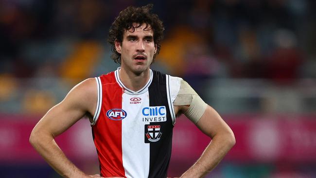 BRISBANE, AUSTRALIA – JUNE 14: Max King of the Saints looks on after the round 14 AFL match between Brisbane Lions and St Kilda Saints at The Gabba, on June 14, 2024, in Brisbane, Australia. (Photo by Chris Hyde/AFL Photos/via Getty Images)