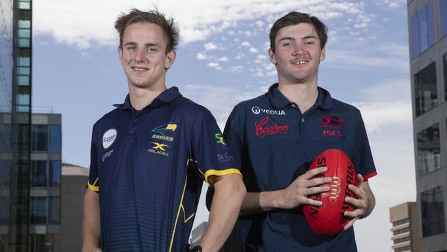 Jackson Mead, left, and Cam Taheny prior to the draft. Picture: SIMON CROSS