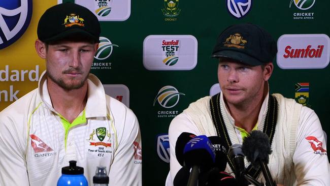 The press conference after the day’s play with Bancroft (left) and captain Steve Smith where Bancroft claimed he had used a piece of tape to try to rough up the ball.