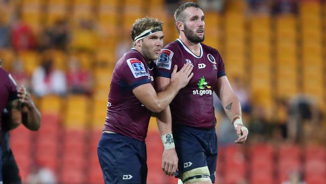 Izack Rodda (R) with teammate Angus Scott-Young after their Super Rugby victory over the Sunwolves. Picture: Getty