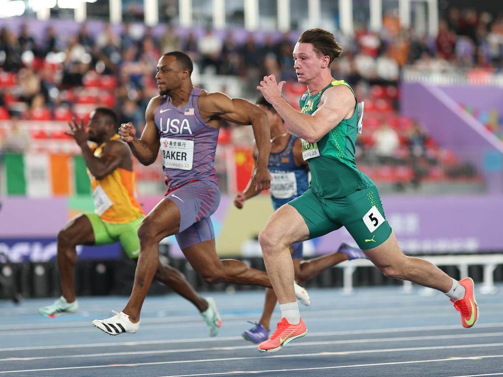 Lachlan Kennedy alongside the USA’s Ronnie Baker in the men’s 60m. Picture: Getty Images