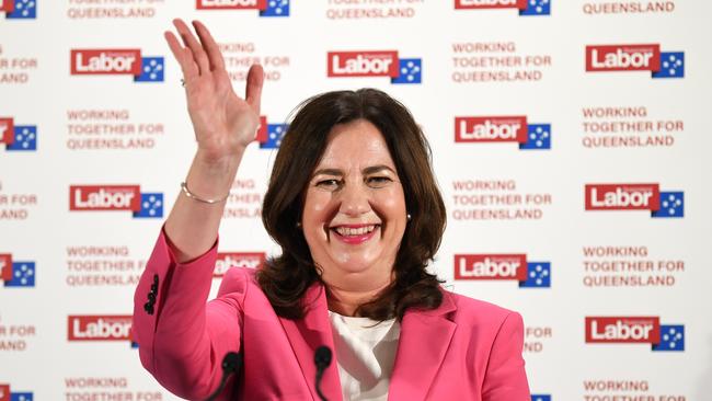 Queensland Premier Annastacia Palaszczuk waves as she celebrates her state election in 2020.