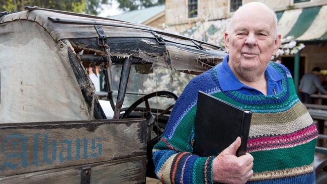 18/09/2016 Poet Les Murray next to a 1927 Dodge ute out the front of The Settlers Arms Inn in St Albans NSW,  120km from Syndey. Les and Journalist Nikki Gemmell have come together for the St Albans Writers Festival. Ryan Osland/The Australian