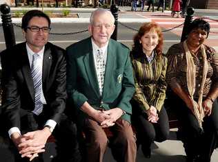 Pictured enjoying the Casino CBD upgrade at the official opening today are, from left, the Minister Assisting the Minister for Climate Change and Energy Efficiency, and Minister for Defence Material and Science Greg Combet, Richmond Valley Council mayor Col Sullivan, Member for Page Janelle Saffin, and Auntie Nora Caldwell from Casino. Picture: Cathy Adams