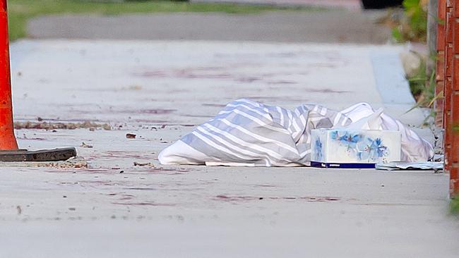 A sheet and box of tissues on the footpath with blood surrounding it in Kings Park. Picture: Sarah Matray