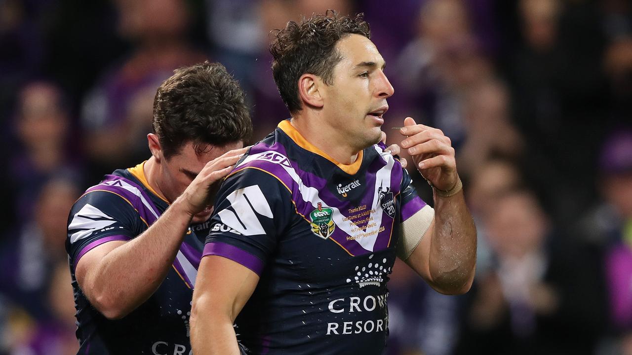 Melbourne star Billy Slater is likely to miss the grand final for a shoulder charge. Picture: Brett Costello