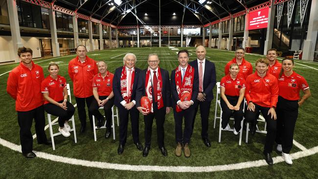 Rampe (L) along with Prime Minister Anthony Albanese and NSW Premier Chris Minns at the opening of the Sydney Swans HQ and Community Centre. Picture: Phil Hillyard