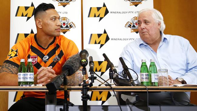 Israel Folau with Clive Palmer in Brisbane last week. Picture: NCA NewsWire/Tertius Pickard