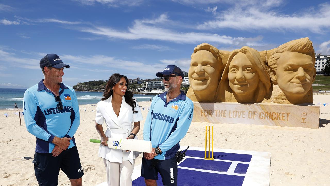 Leading cricket commentator Isa Gua with Bondi Lifeguards at the Fox Cricket Ashes Launch at Bondi Beach in Sydney. Photo by Phil Hillyard (**NO ON SALES** Â©Phil Hillyard)