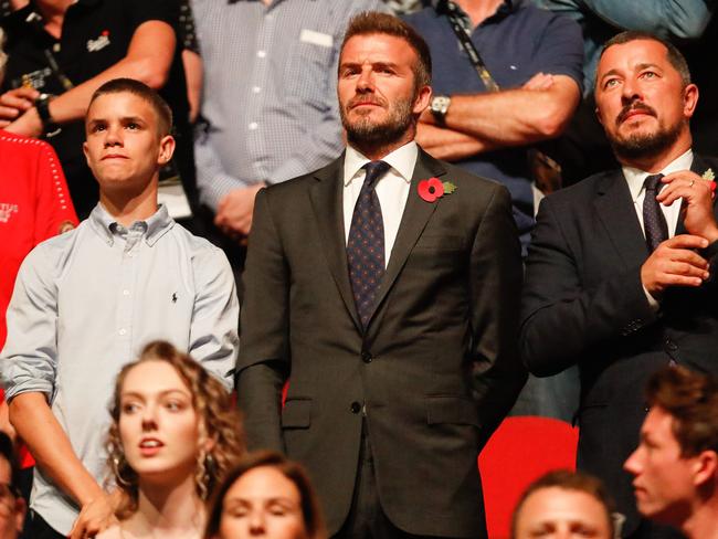 David Beckham, with son Romeo Beckham during the 2018 Invictus Games Closing Ceremony at Qudos Bank Arena in Sydney. Picture: Getty Images