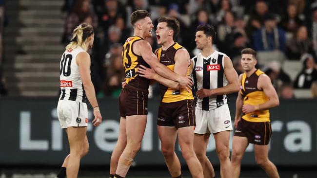 Mitch Lewis enjoys a goal during Hawthorn’s surge. Picture: Michael Klein.