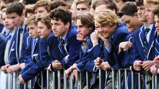 St Peter College students watch an Intercol football match against Prince Alfred College. Picture: Mark Brake