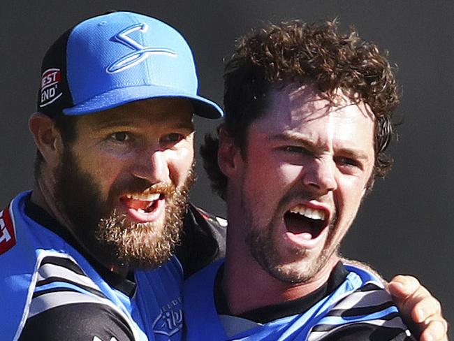 CRICKET - BBL FINAL - Adelaide Strikers v Hobart Hurricanes at The Adelaide Oval. Michael Neser hugs Travis Head after Head took the wicket of Tim Paine caught CW - Alex Carey for 5 runs. Picture Sarah Reed