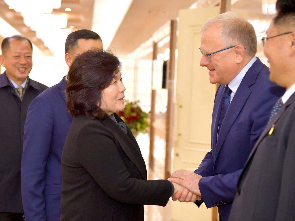 North Korea's Foreign Minister Choe Son Hui shakes hands with Russia's ambassador to North Korea Alexander Matsegora in Pyongyang before departing for an official visit to Russia. Picture: Korean Central News Agency