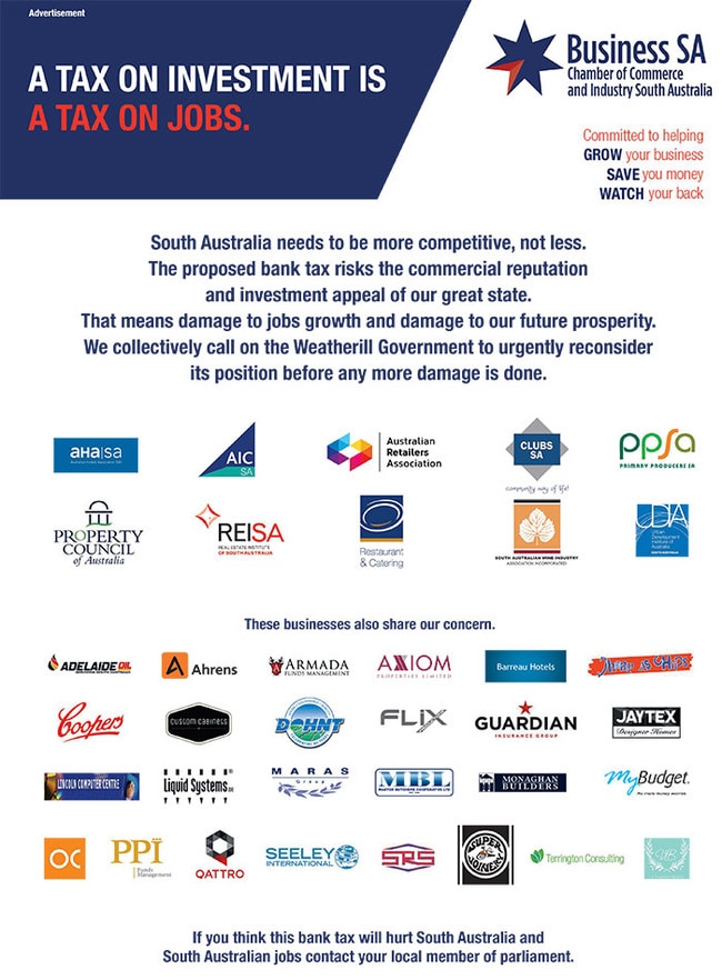 Business SA’s advertisement in The Advertiser in relation to the State Budget's bank tax.