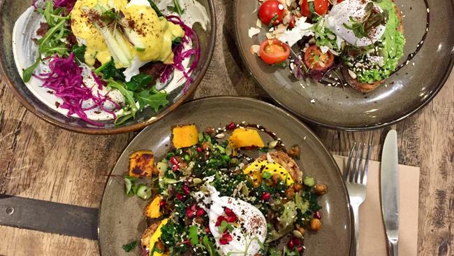 Ready for brunch: from left, pulled pork Benedict, avo and pea toast, crispy chickpea and kale. Pictures: Beverley Hudec