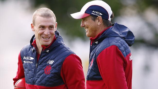 Paul Roos chats to assistant Simon Goodwin during pre-season training. Picture: Wayne Ludbey