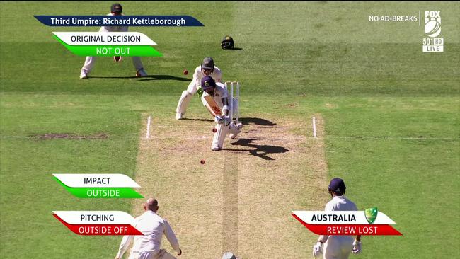 The not out decision stands in the review of an LBW shout against Indian captain Virat Kohli. Picture: Fox Sports