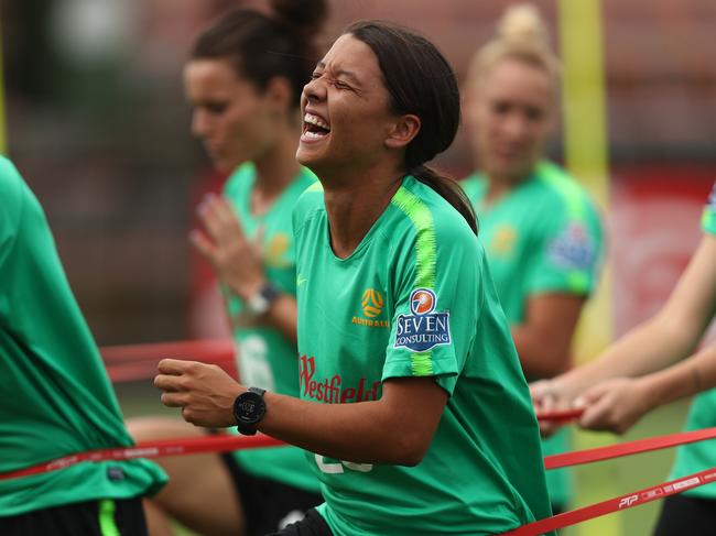 BRISBANE, AUSTRALIA - FEBRUARY 25: Sam Kerr smiles during an Australian Matildas training session at Lions FC Stadium on February 25, 2019 in Brisbane, Australia. (Photo by Chris Hyde/Getty Images)