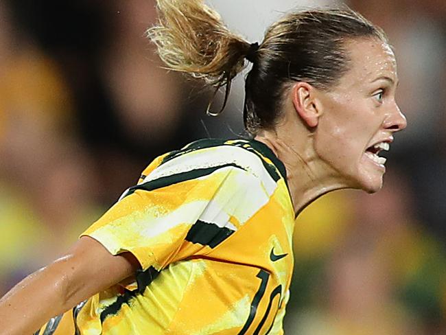 SYDNEY, AUSTRALIA - FEBRUARY 13: Emily van Egmond of the Matildas celebrates scoring a goal during the Women's Olympic Football Tournament Qualifier between Australia and China PR at Bankwest Stadium on February 13, 2020 in Sydney, Australia. (Photo by Mark Metcalfe/Getty Images)