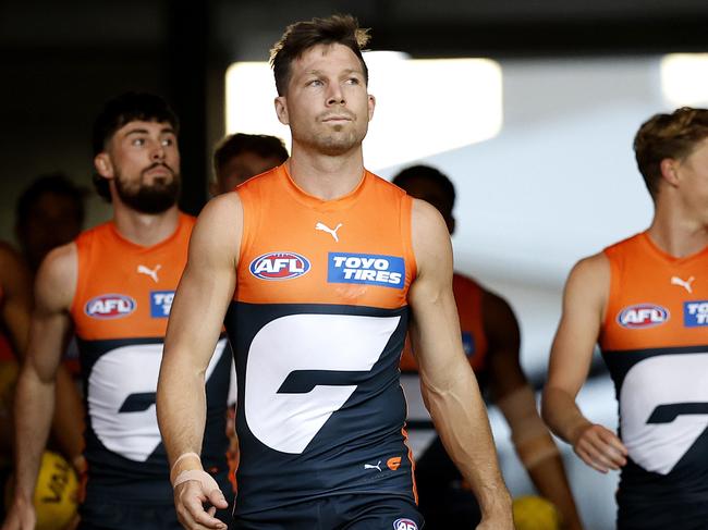 Giants captain Toby Greene leads out his team during the AFL Opening Round match between the GWS Giants and Collingwood Magpies at Engie Stadium, Sydney on March 9, 2024. Photo by Phil Hillyard (Image Supplied for Editorial Use only – Phil Hillyard **NO ON SALES** – Â©Phil Hillyard )